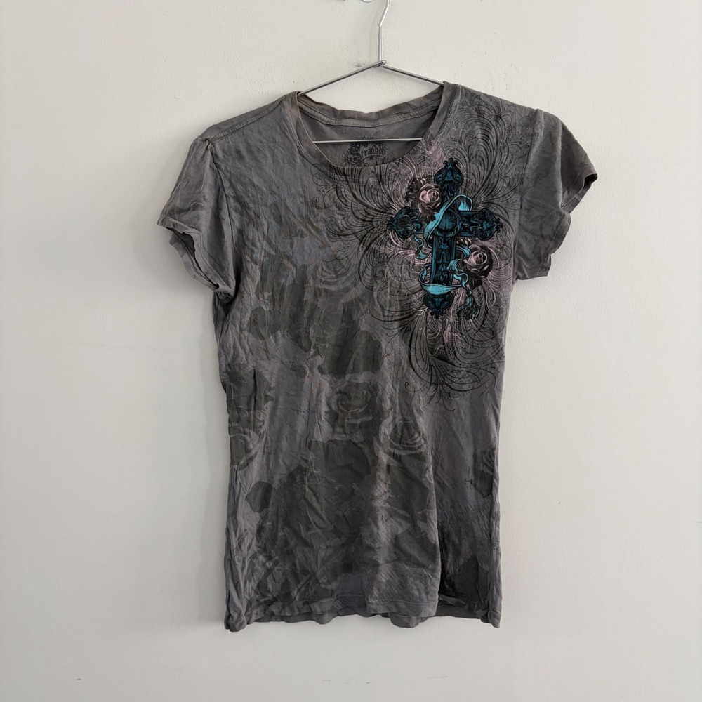 Stranded Womens Gray Graphic Cross Rose Y2K T-Shirt Large